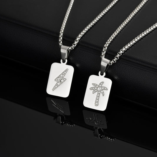 Kemstone Stainless Steel Square Palm Tree & Lightning Pendant Necklace for Men PN-2171