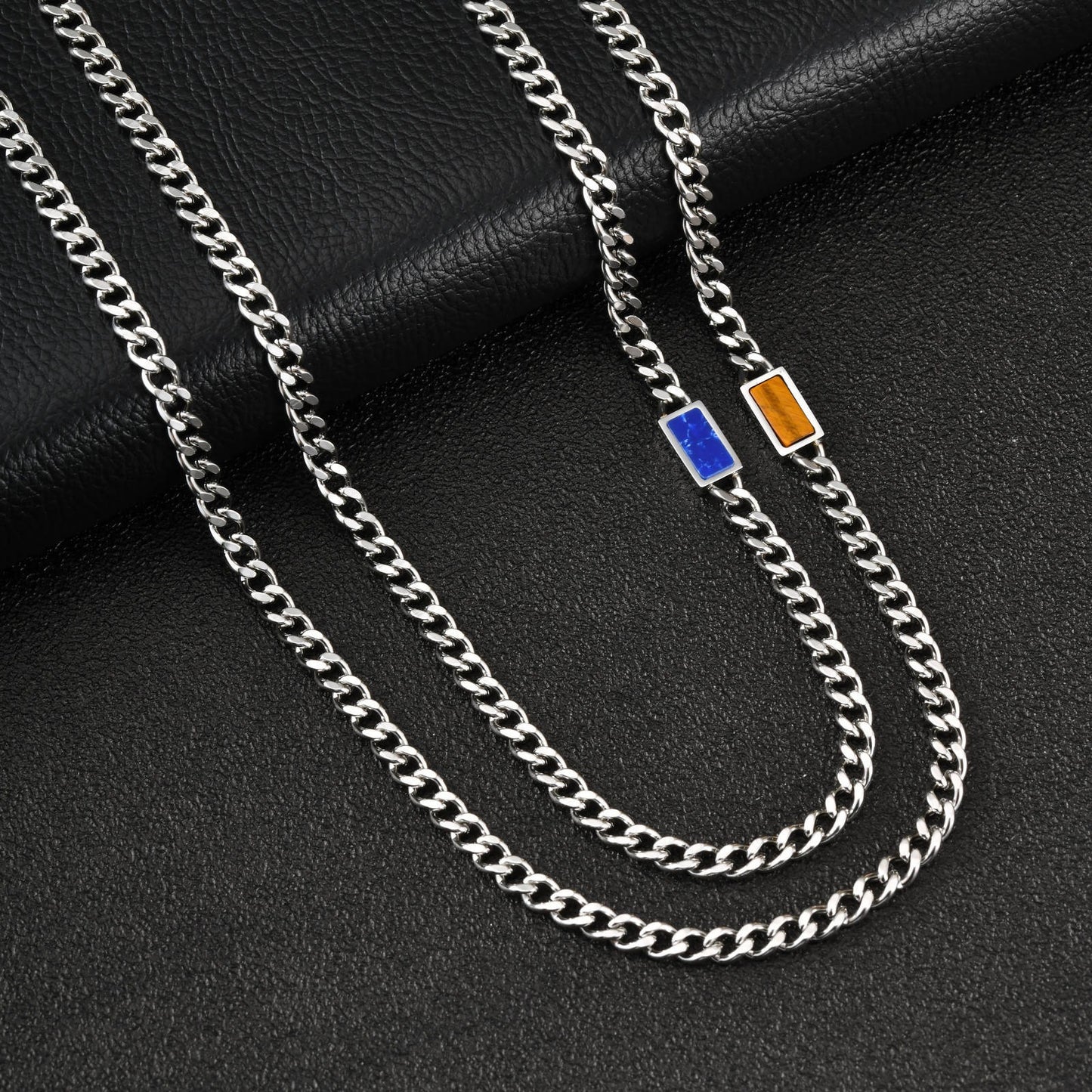 Kemstone Stainless Steel Chain Necklace for Men – Square Tiger Eye Detail Minimal Style NC-2255