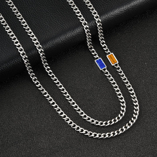 Kemstone Stainless Steel Chain Necklace for Men – Square Tiger Eye Detail Minimal Style NC-2255