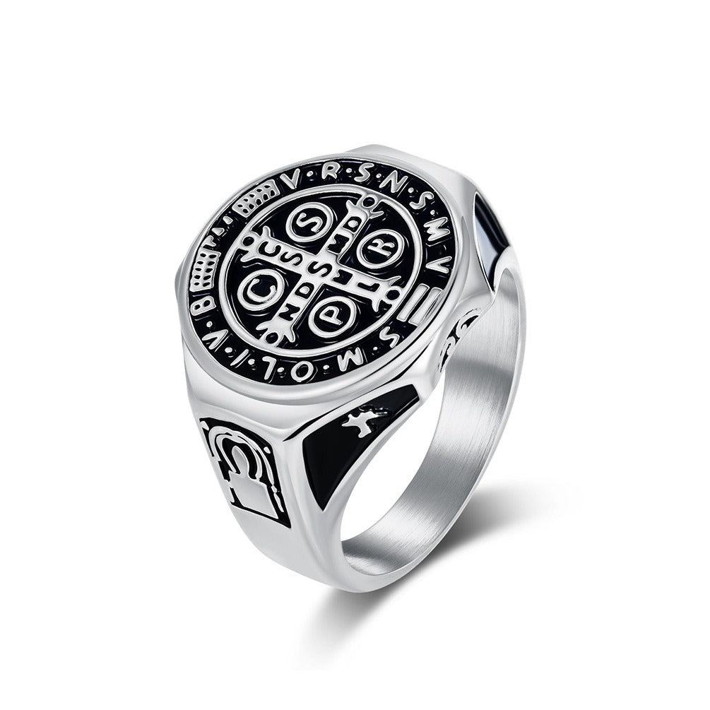Kemstone Men’s Stainless Steel St. Benedict Cross Ring – Vintage Protection Jewelry K-R1092