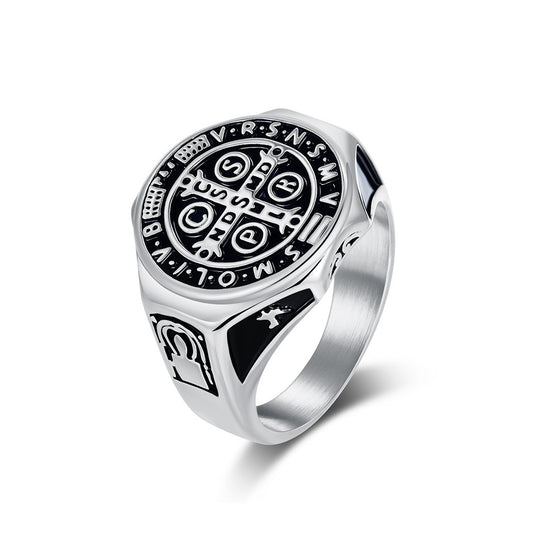 Kemstone Men’s Stainless Steel St. Benedict Cross Ring – Vintage Protection Jewelry K-R1092