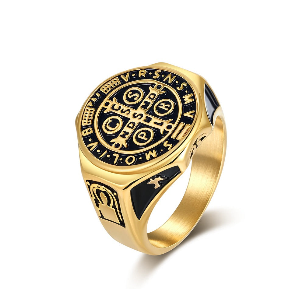 Kemstone Men’s Stainless Steel St. Benedict Cross Ring – Vintage Protection Jewelry K-R1092
