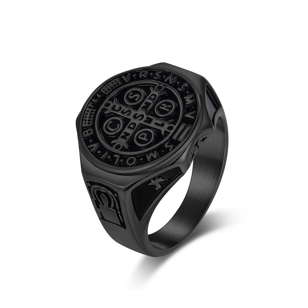 Kemstone Men’s Stainless Steel St. Benedict Cross Ring – Vintage Protection Jewelry K-R1092