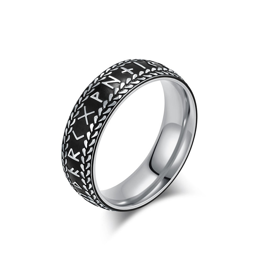 Kemstone Titanium Steel Viking Rune Ring for Men, Vintage Norse Band, Gold/Silver  K-R980
