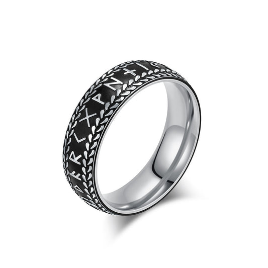 Kemstone Titanium Steel Viking Rune Ring for Men, Vintage Norse Band, Gold/Silver  K-R980