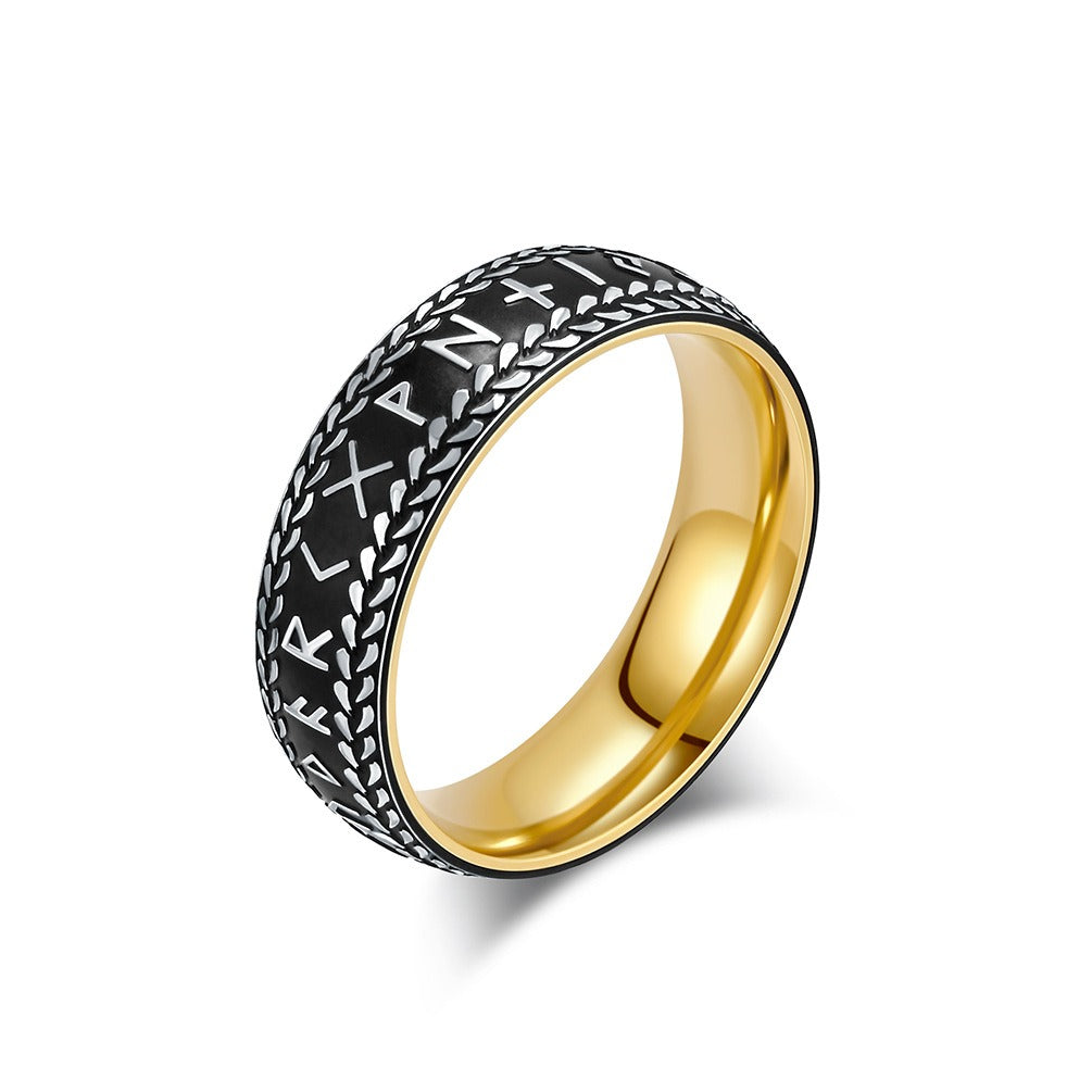 Kemstone Titanium Steel Viking Rune Ring for Men, Vintage Norse Band, Gold/Silver  K-R980