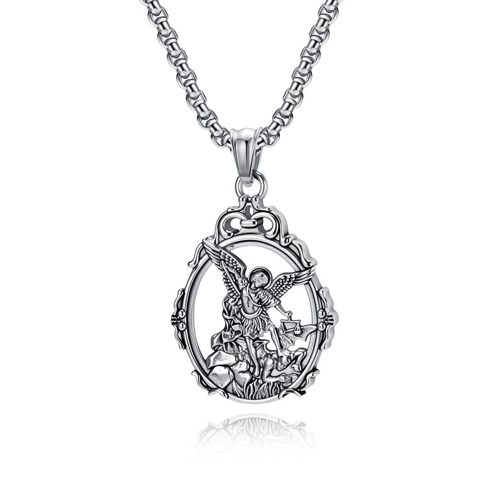 Kemstone Stainless Steel Angel Pendant Necklace for Men Vintage Relief Archangel Medallion Oval Silver Gold Black K-PT711