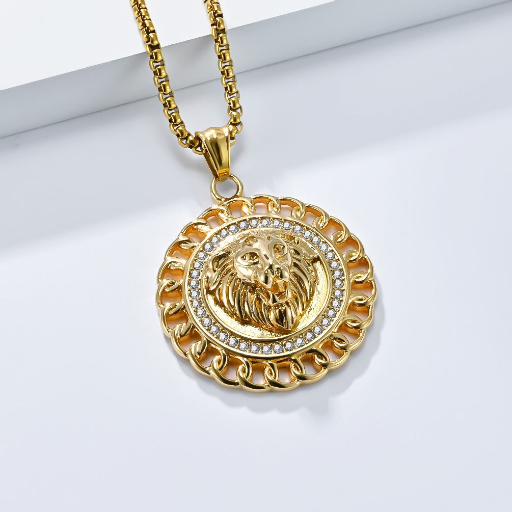 Kemstone Stainless Steel Lion Medallion Pendant Necklace for Men Gothic Vintage Animal Chain K-PT624