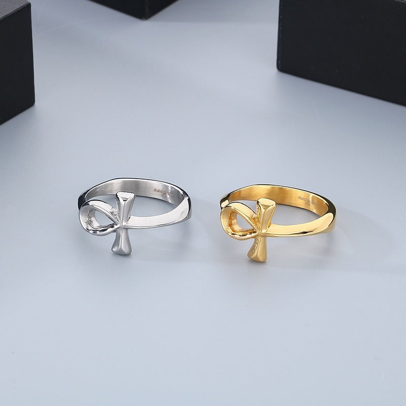 Kemstone Titanium Steel Ankh Cross Ring – Vintage Egyptian Symbol for Men KR110679-KJX