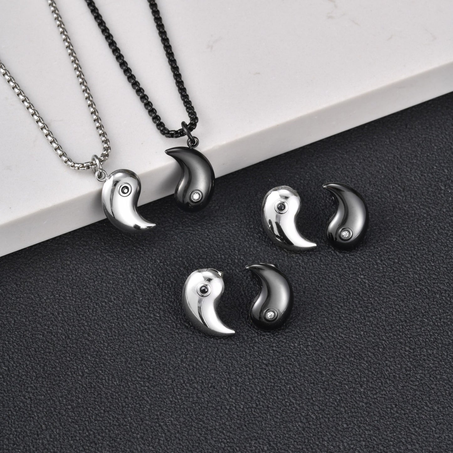 Kemstone Stainless Steel Bagua Yin Yang Cubic Zirconia Pendant Necklace for Men Women Black Silver Geometry CN-154
