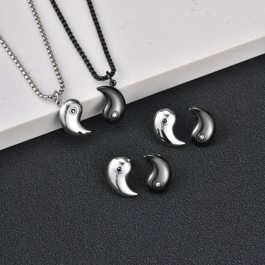 Kemstone Stainless Steel Bagua Yin Yang Cubic Zirconia Pendant Necklace for Men Women Black Silver Geometry CN-154