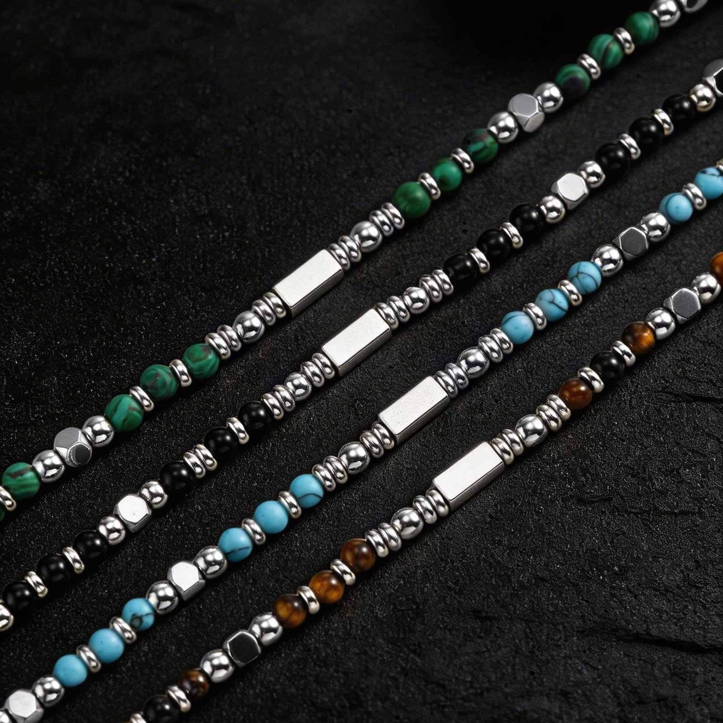 Kemstone Beaded Necklace Stainless Steel Bar Mixed Stone Malachite Turquoise for Men NC-2811