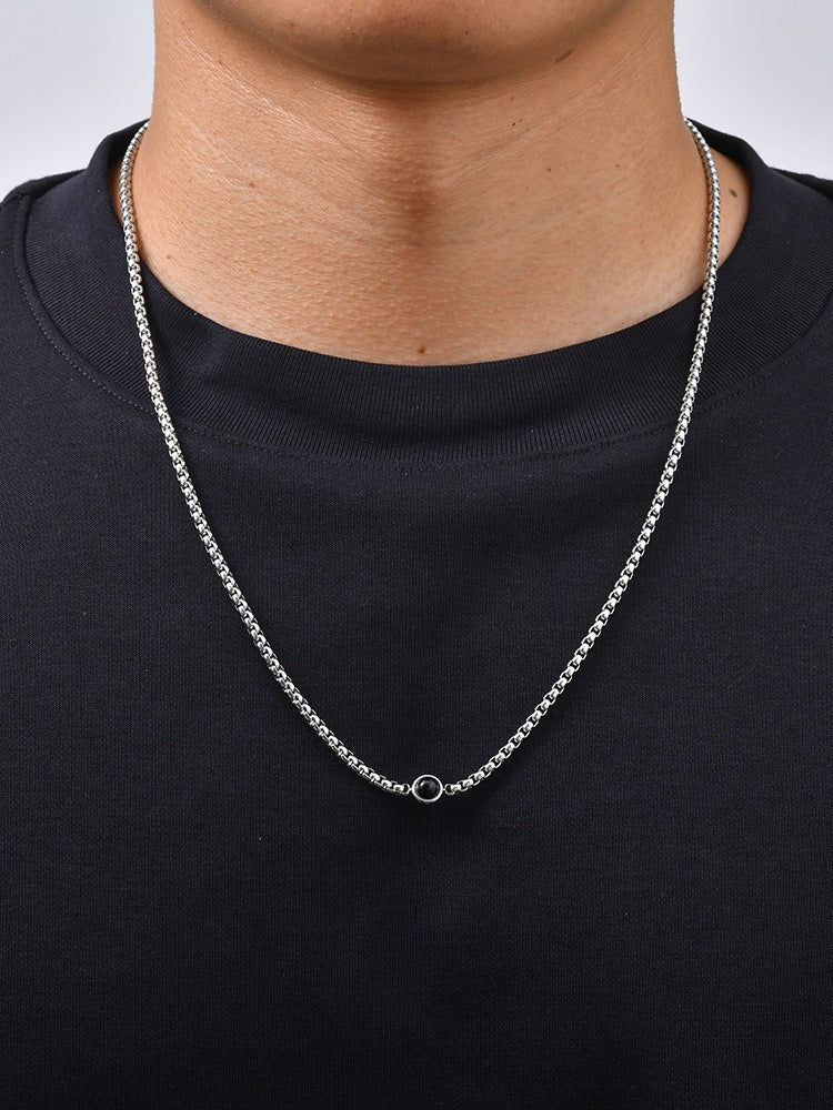 Kemston Stainless Steel Black Stone Beaded Necklace for Men Vintage Style NC-2944S