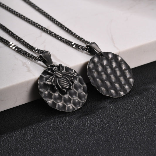 Kemston Bee Honeycomb Pendant Necklace for Men Stainless Steel Vintage Design PN-2377