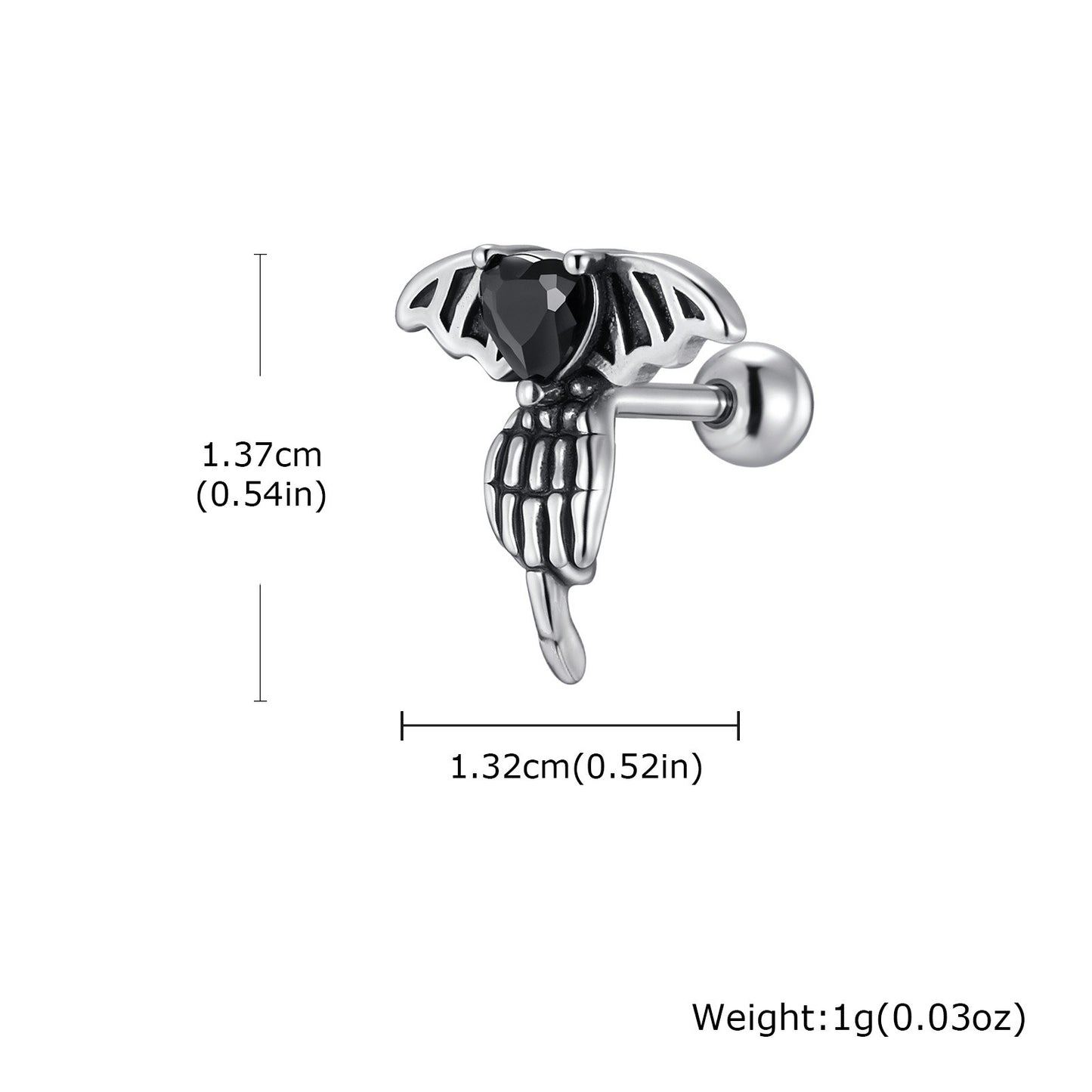 Kemstone Stainless Steel Black Cubic Zirconia Heart Wing Stud Earring for Men ES-769
