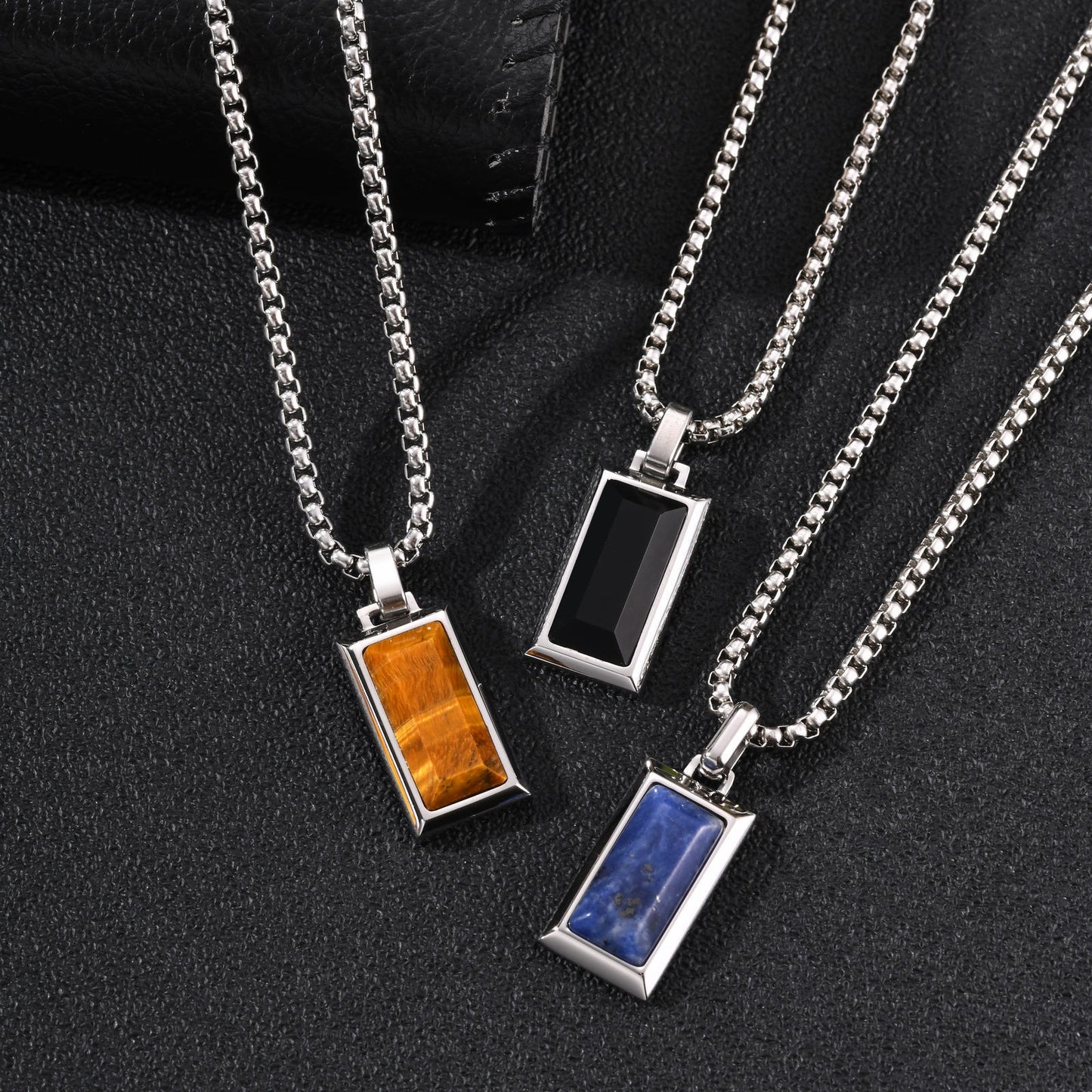Kemston Rectangular Black Agate Pendant Necklace for Men Stainless Steel Vintage PN2379