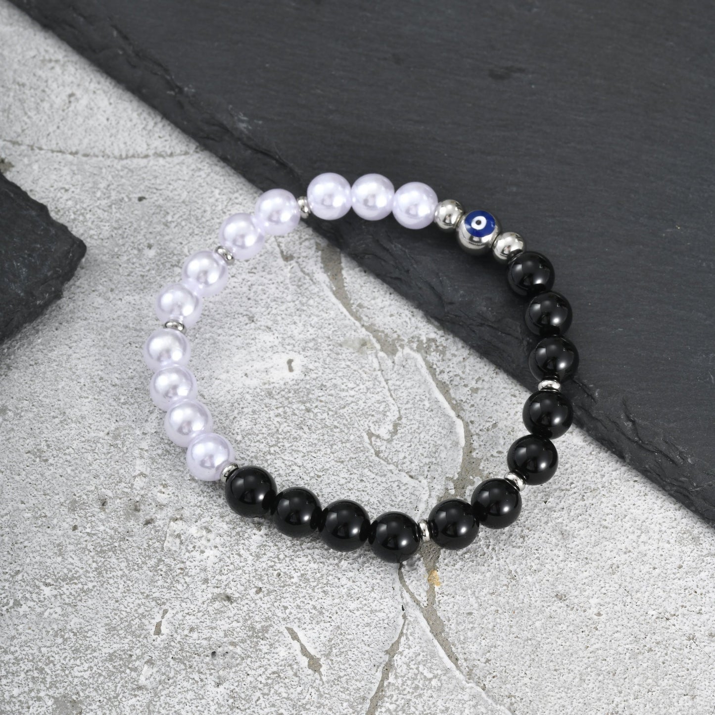 Kemstone Black Onyx Pearl Bead Bracelet for Men Stainless Steel Blue Eye Detail BR-2918