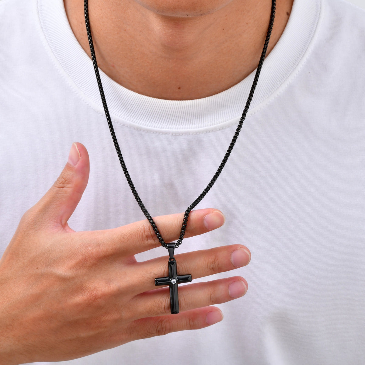 Kemstone Black Cross Pendant Necklace for Men Stainless Steel Cubic Zirconia Center PN-2440