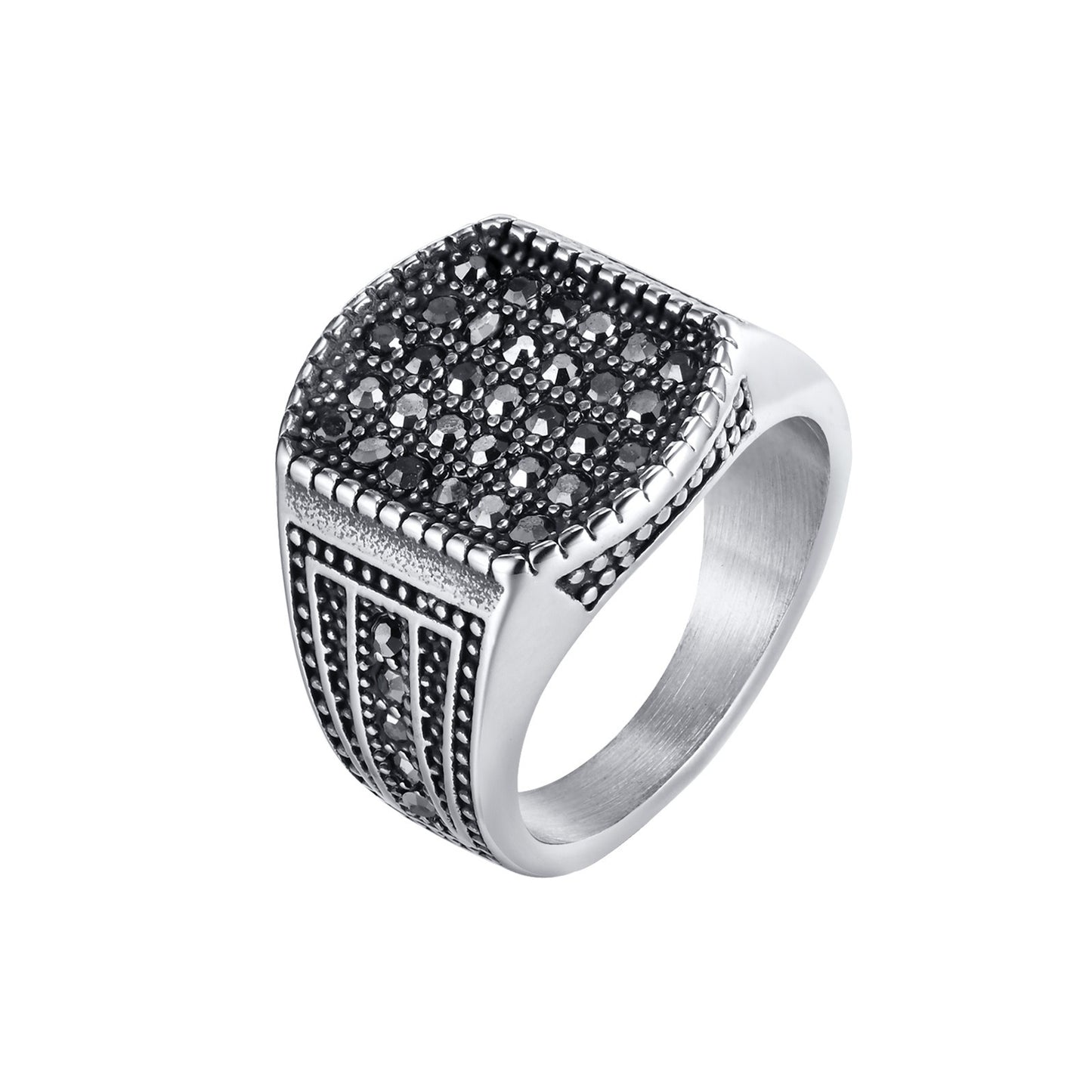 Kemstone Men’s Stainless Steel Signet Ring – Black Cubic Zirconia RC-689