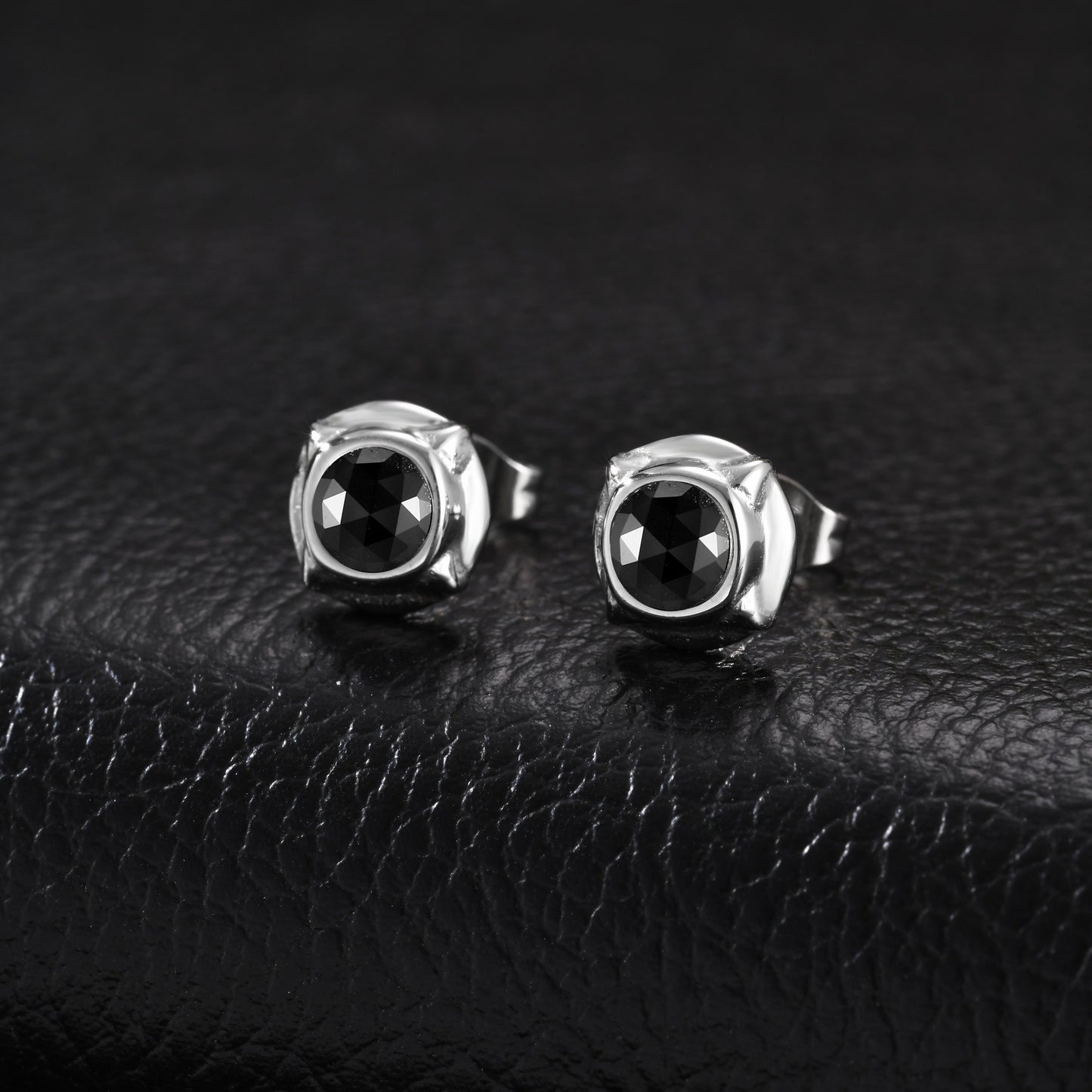 Kemston Stainless Steel Black Cubic Zirconia Stud Earrings for Men Geometric Detail ES-836