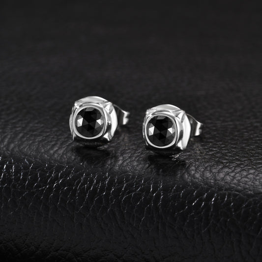 Kemston Stainless Steel Black Cubic Zirconia Stud Earrings for Men Geometric Detail ES-836