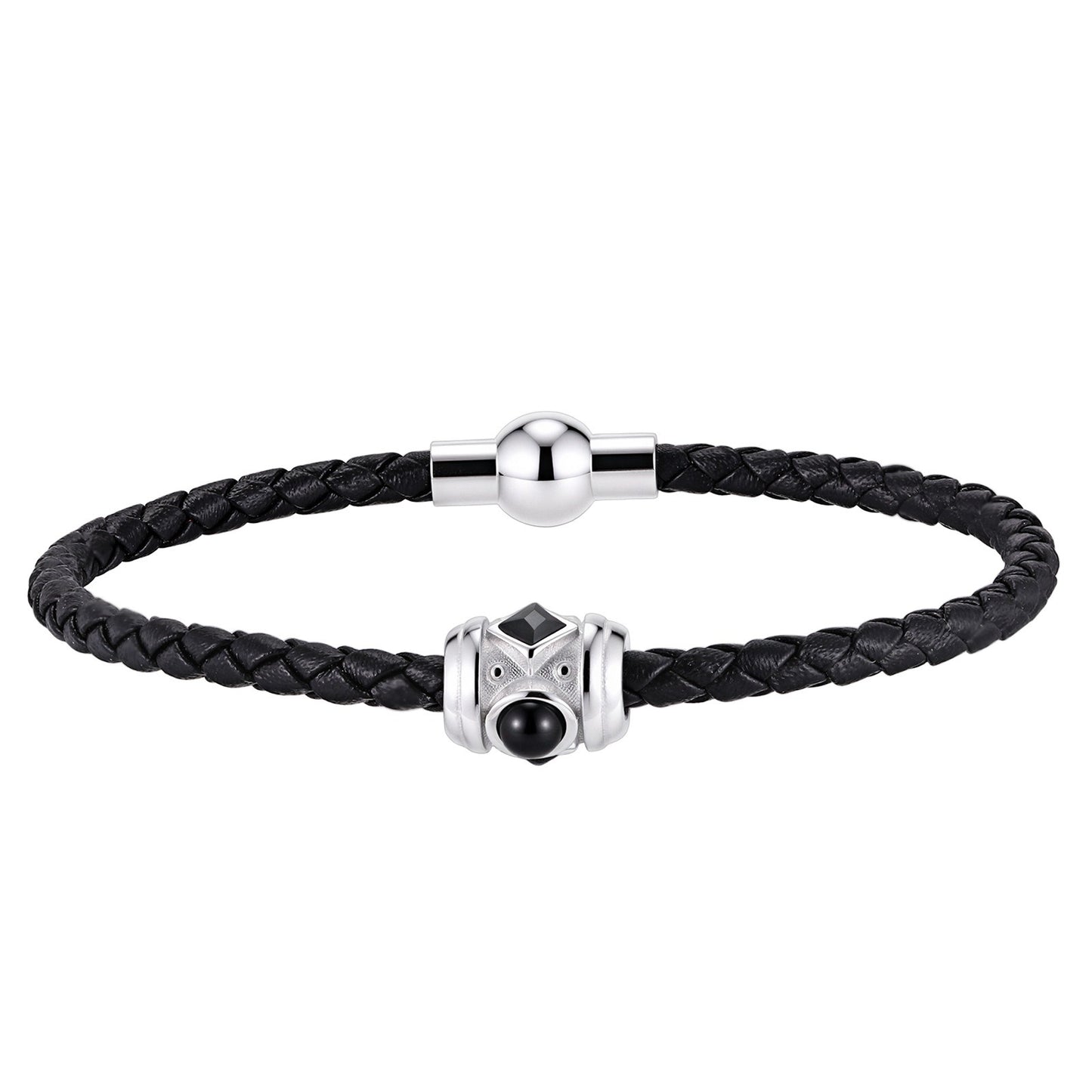 Kemstone Black Leather Bracelet for Men Stainless Steel Zirconia Agate Detail BL-812