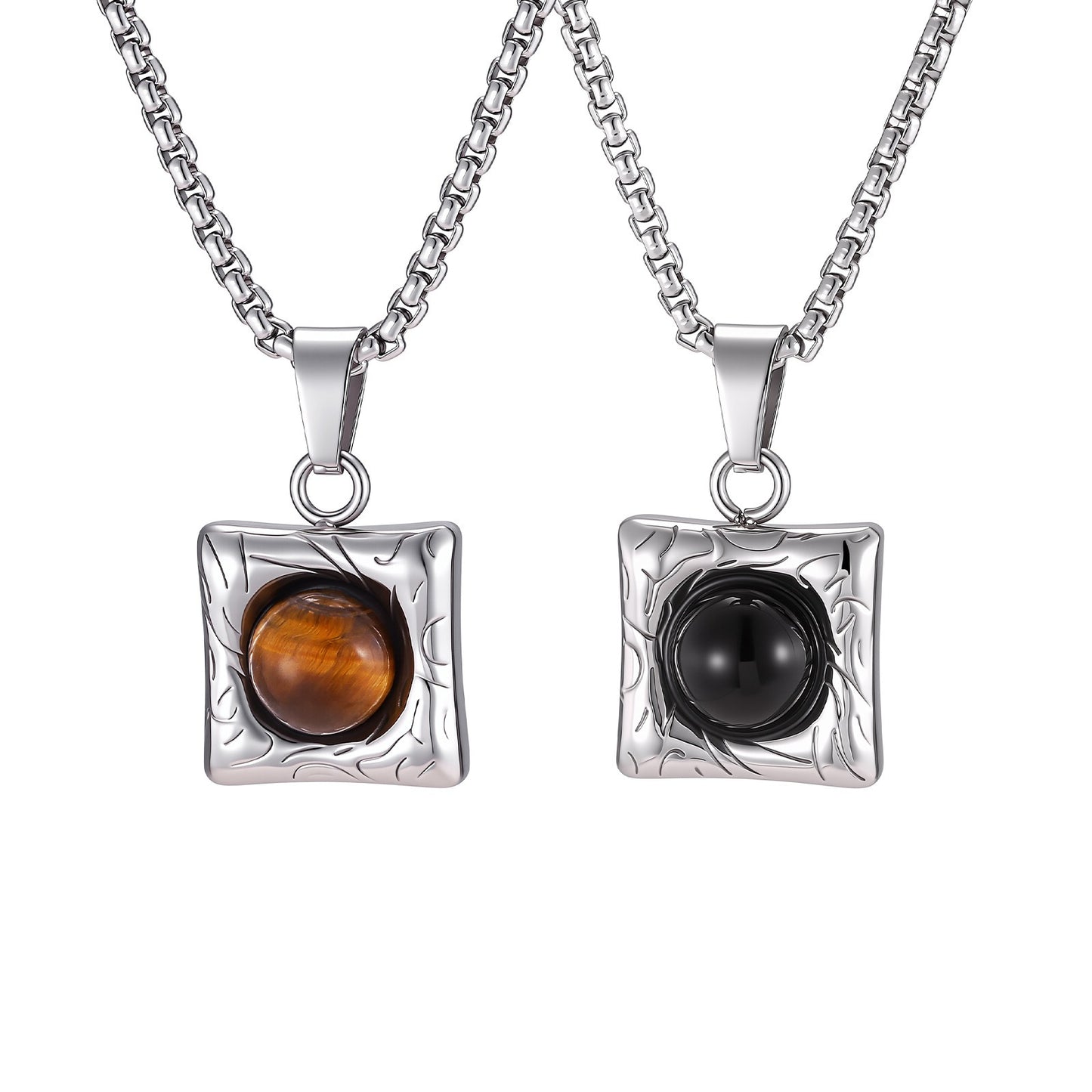 Kemston Stainless Steel Black Onyx Square Pendant Necklace for Men Minimal Stone Design PN-2421