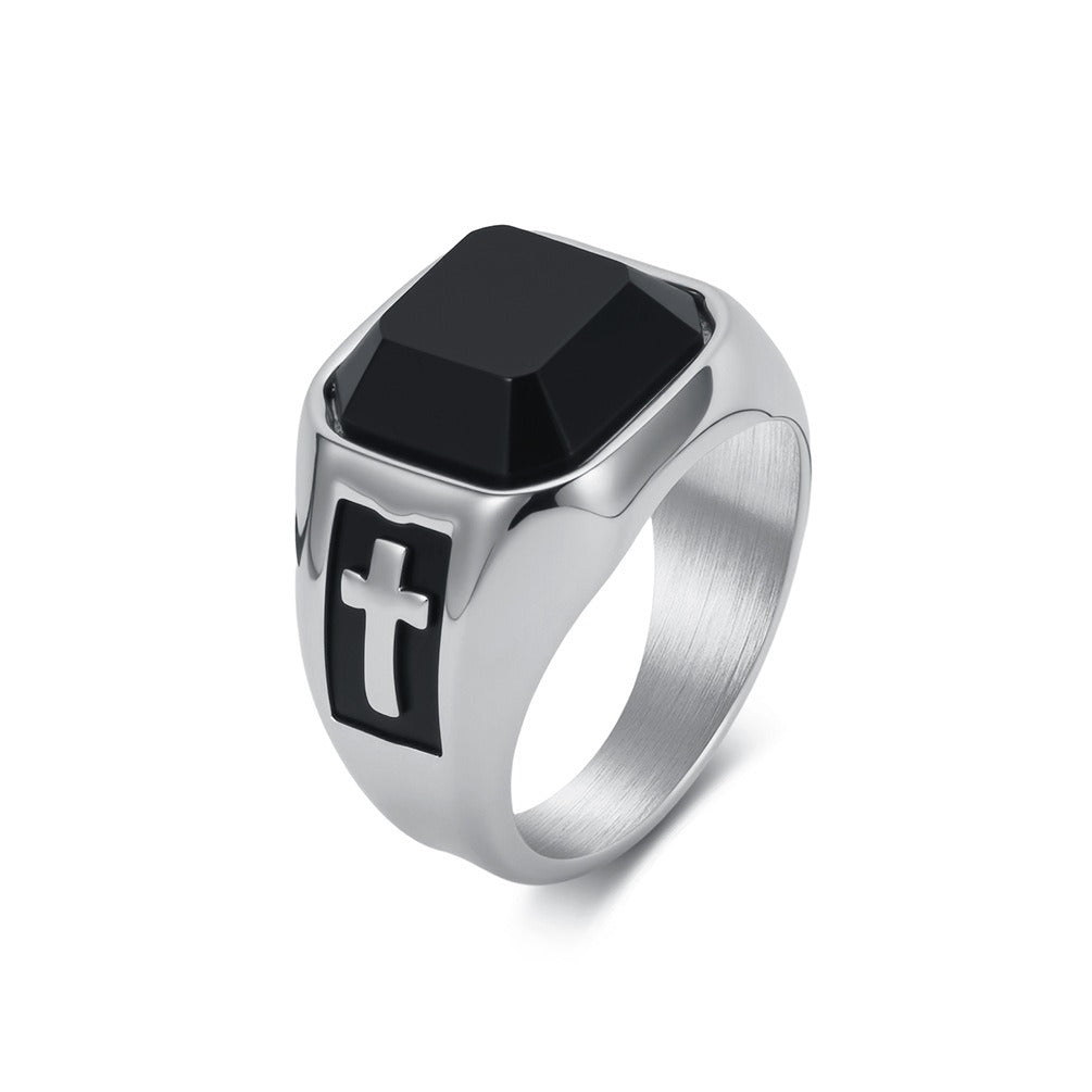 Kemstone Stainless Steel Black Resin Cross Signet Ring for Men K-R1121