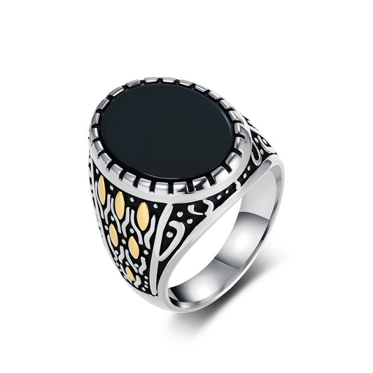 Kemstone Stainless Steel Black Stone Inlay Ring – Vintage Style for Men K-R1114