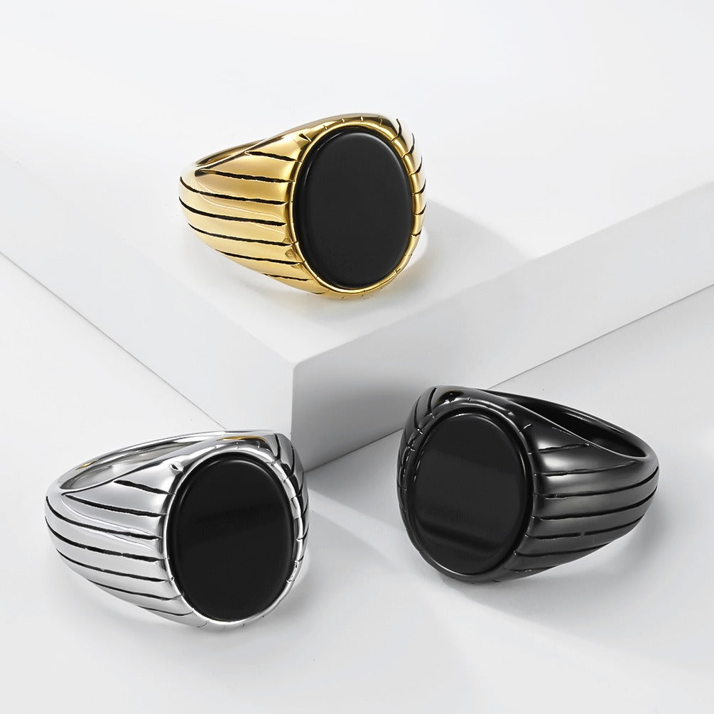 Kemstone Stainless Steel Black Stone Signet Ring for Men – Modern Masculine Oval Band K-R1175
