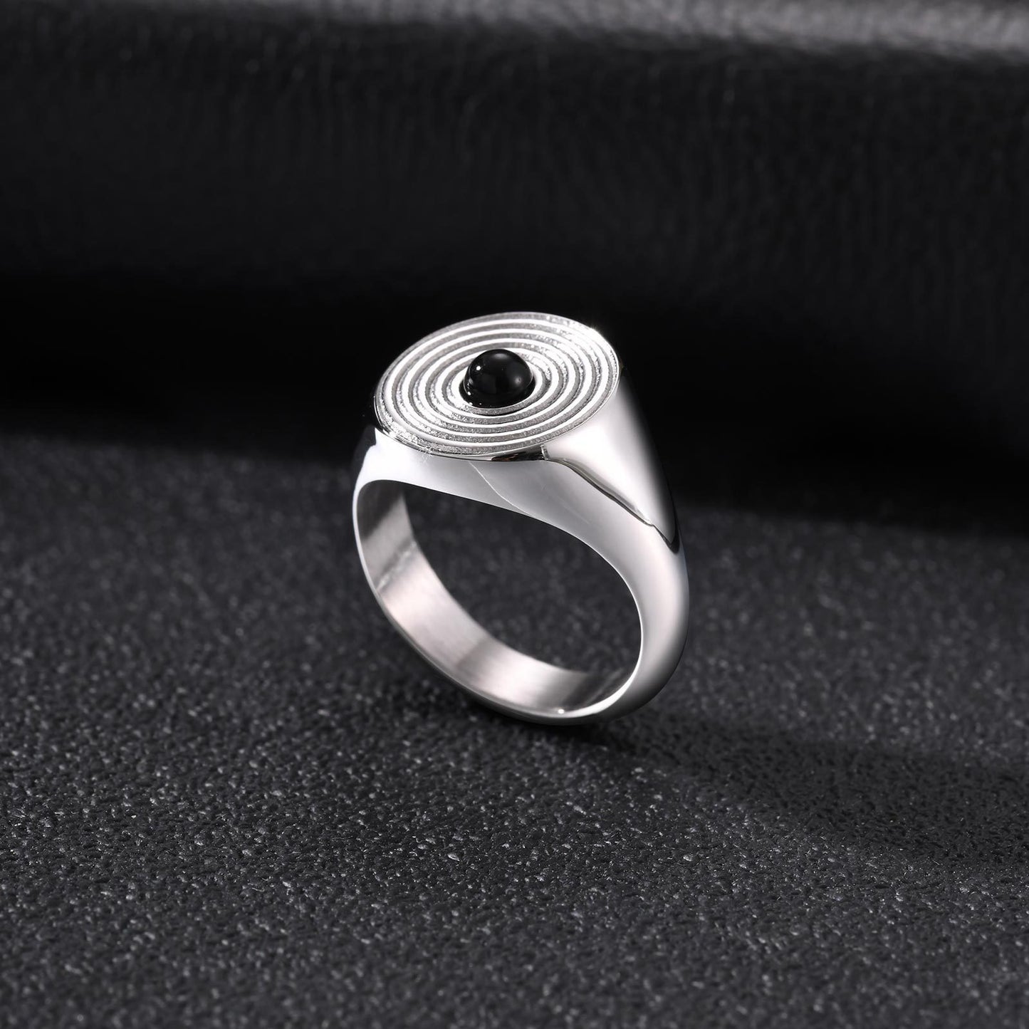 Kemstone Stainless Steel Black Stone Signet Ring for Men Concentric Pattern Vintage RC1108