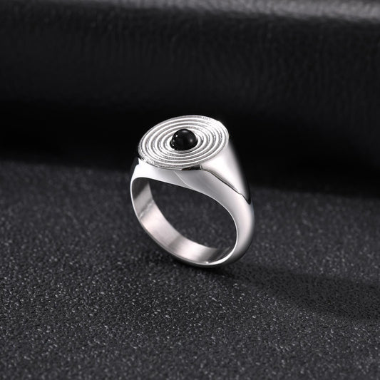 Kemstone Stainless Steel Black Stone Signet Ring for Men Concentric Pattern Vintage RC1108
