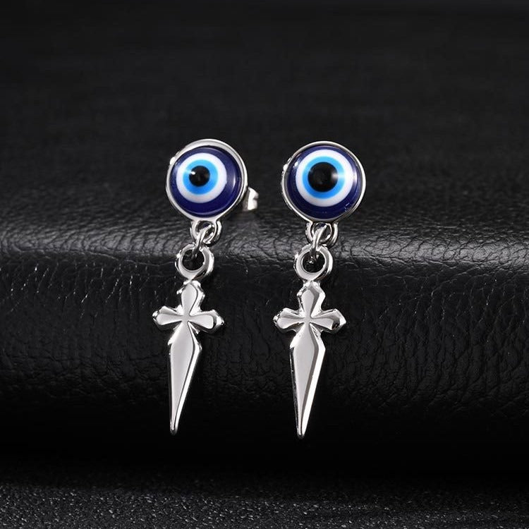 Kemston Blue Eye Cross Drop Earring for Men Stainless Steel Gothic ED-1099
