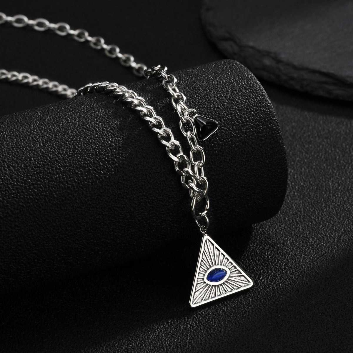 Kemstone Blue Glass Triangle Necklace for Men Stainless Steel NC-3216