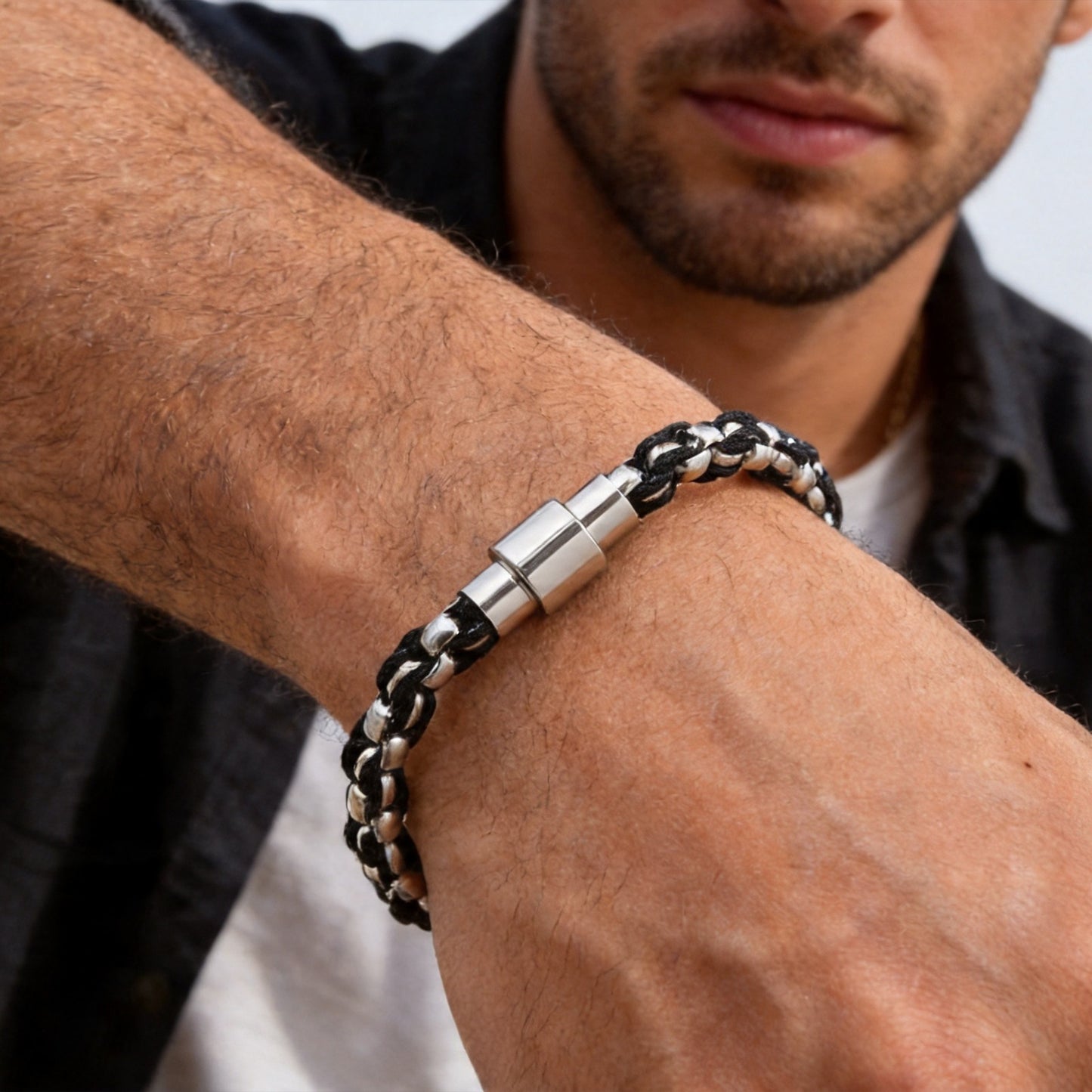 Kemstone Stainless Steel Braided Bracelet for Men Black Woven Chain Silver BR-3100