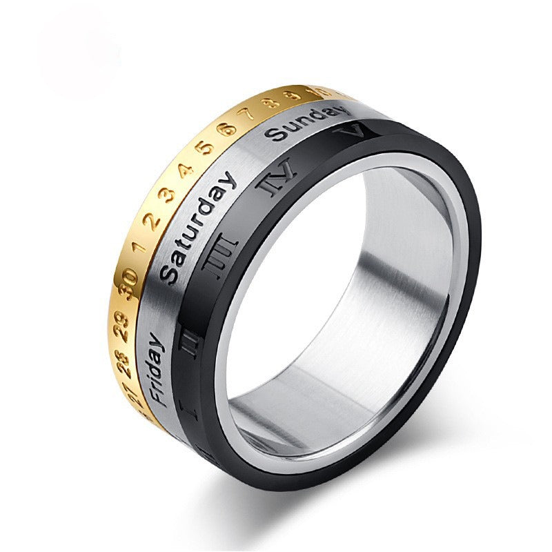 Kemstone Stainless Steel Calendar Ring for Men Roman Numeral Spinner Band K-R076