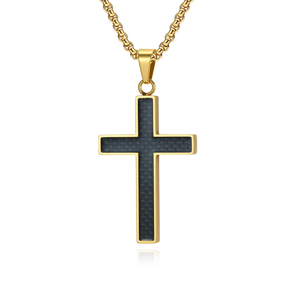Kemstone Stainless Steel Cross Necklace for Men – Carbon Fiber Inlay Pendant K-PT666