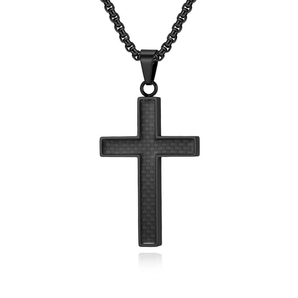 Kemstone Stainless Steel Cross Necklace for Men – Carbon Fiber Inlay Pendant K-PT666