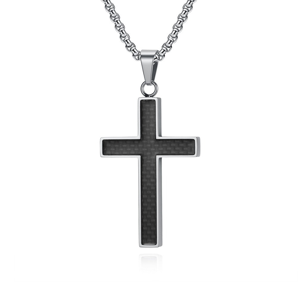 Kemstone Stainless Steel Cross Necklace for Men – Carbon Fiber Inlay Pendant K-PT666