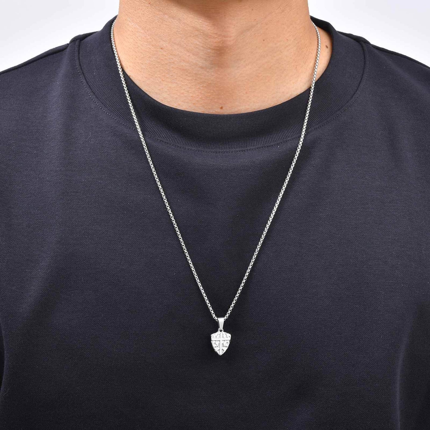 Kemston Stainless Steel Shield Cross Pendant Necklace for Men Carved Design PN-2425