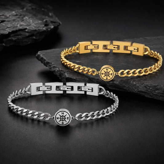 Kemstone Stainless Steel Compass Cuban Link Bracelet for Men Double H Clasp Silver BR-2210