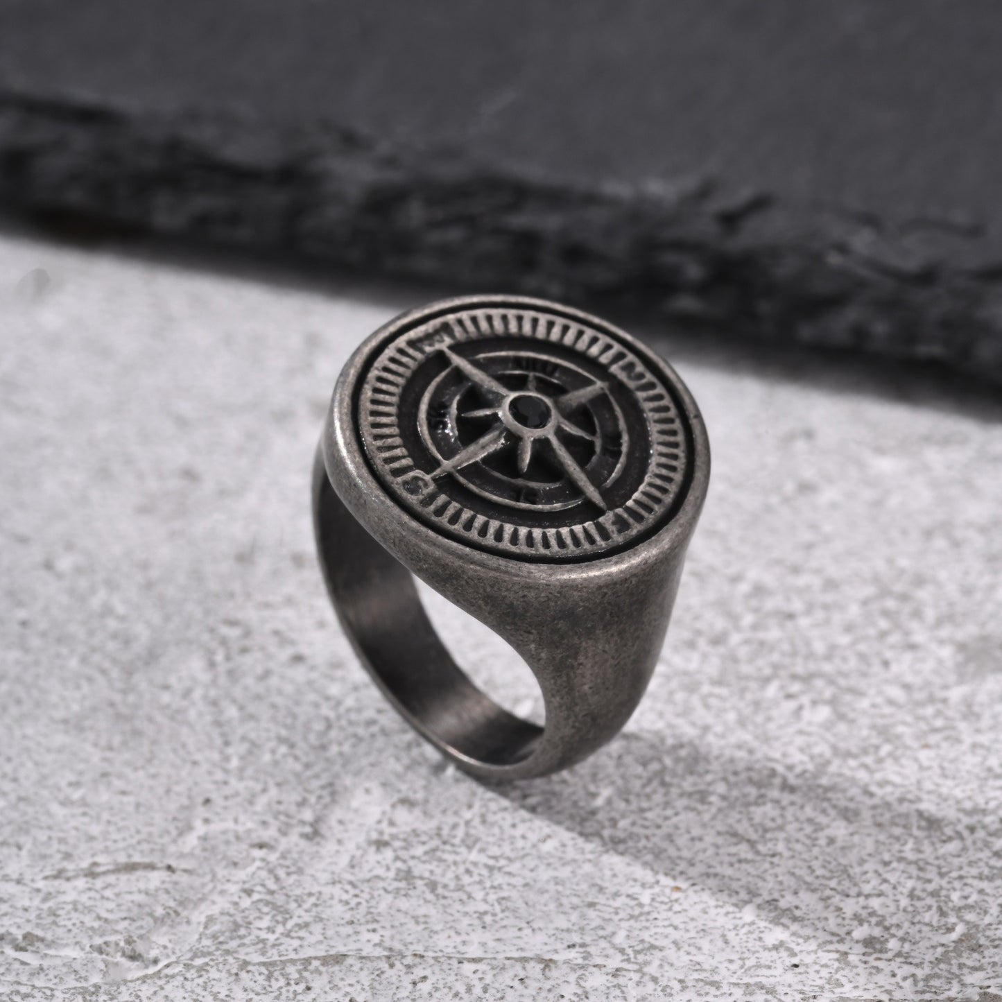 Kemston Stainless Steel Compass Signet Ring for Men Vintage Dial Design RC-527GR