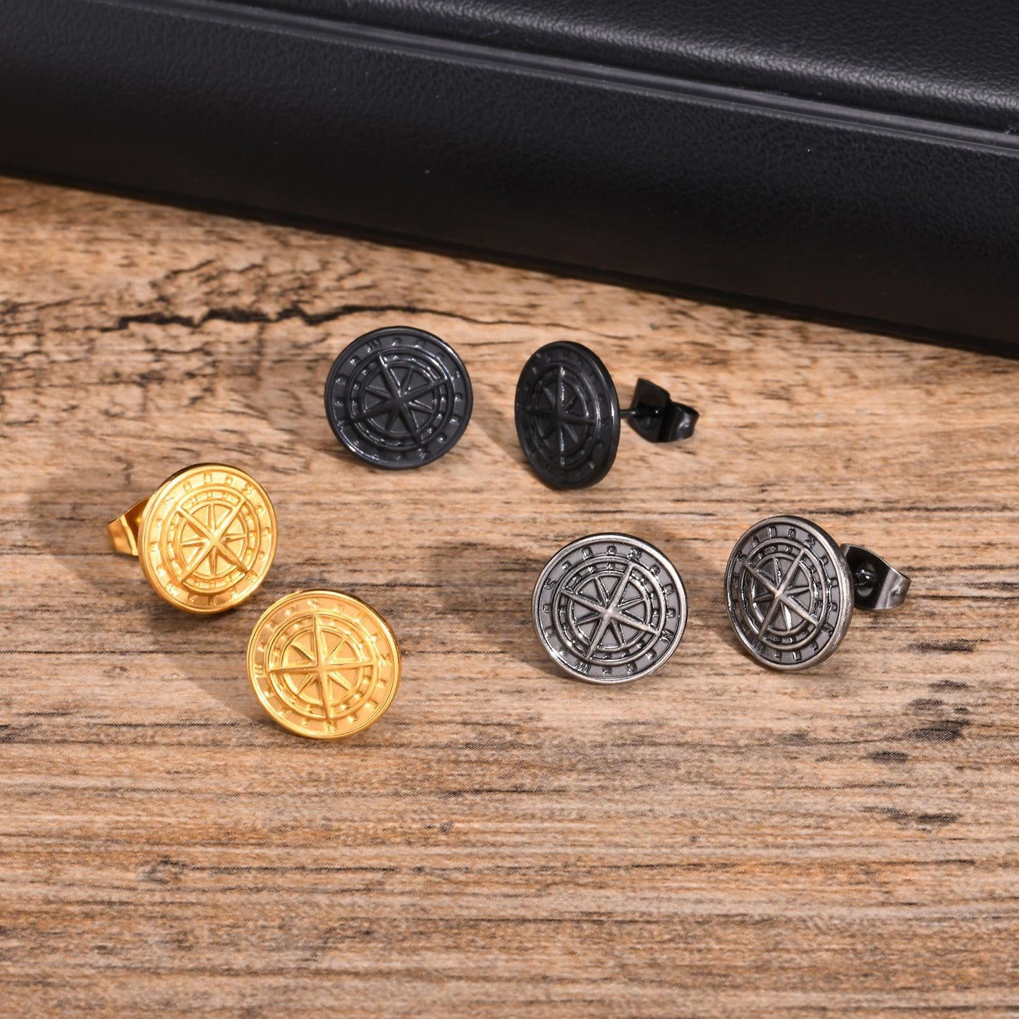 Kemstone Men’s Stainless Steel Compass Stud Earrings – Vintage Hip Hop Gold Silver Black ES-505