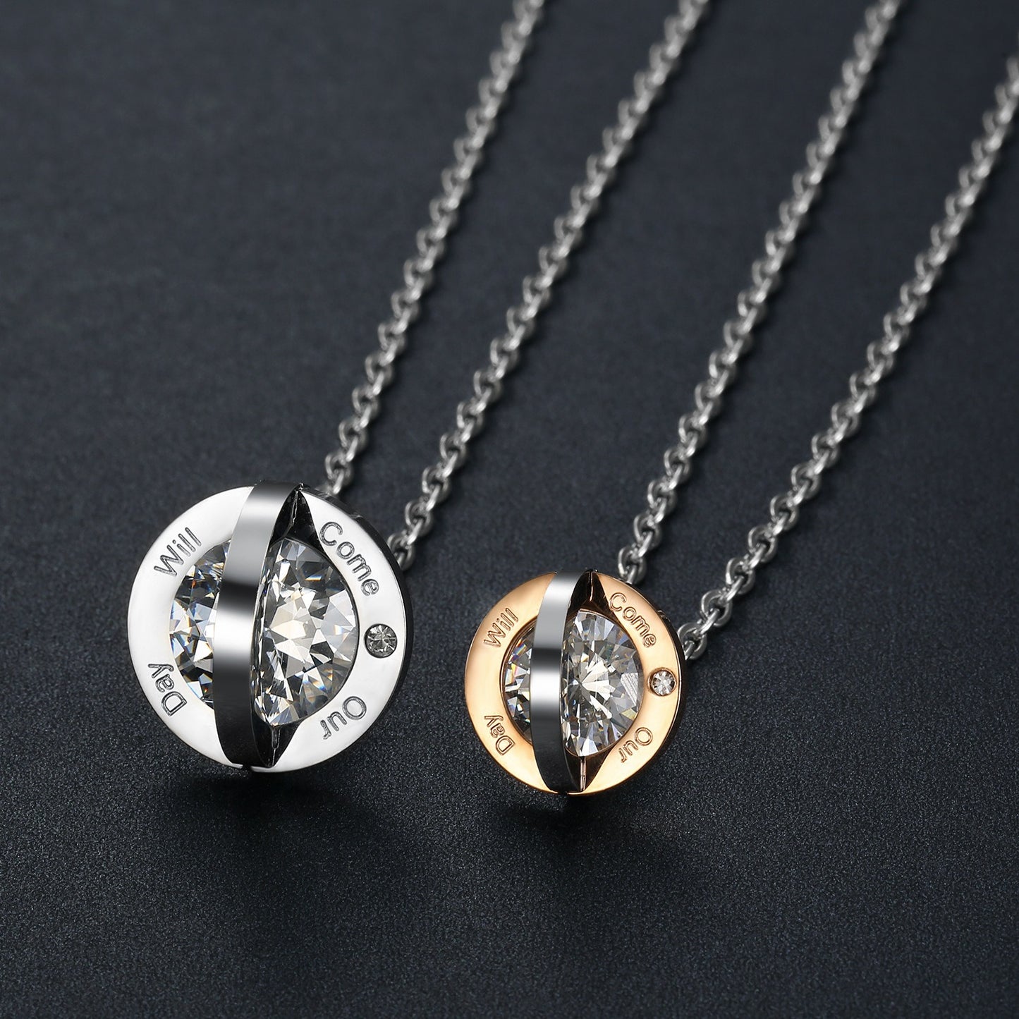 Kemstone Round Cubic Zirconia Couple Necklace for Men & Women Stainless Steel Silver Rose Gold TN0321