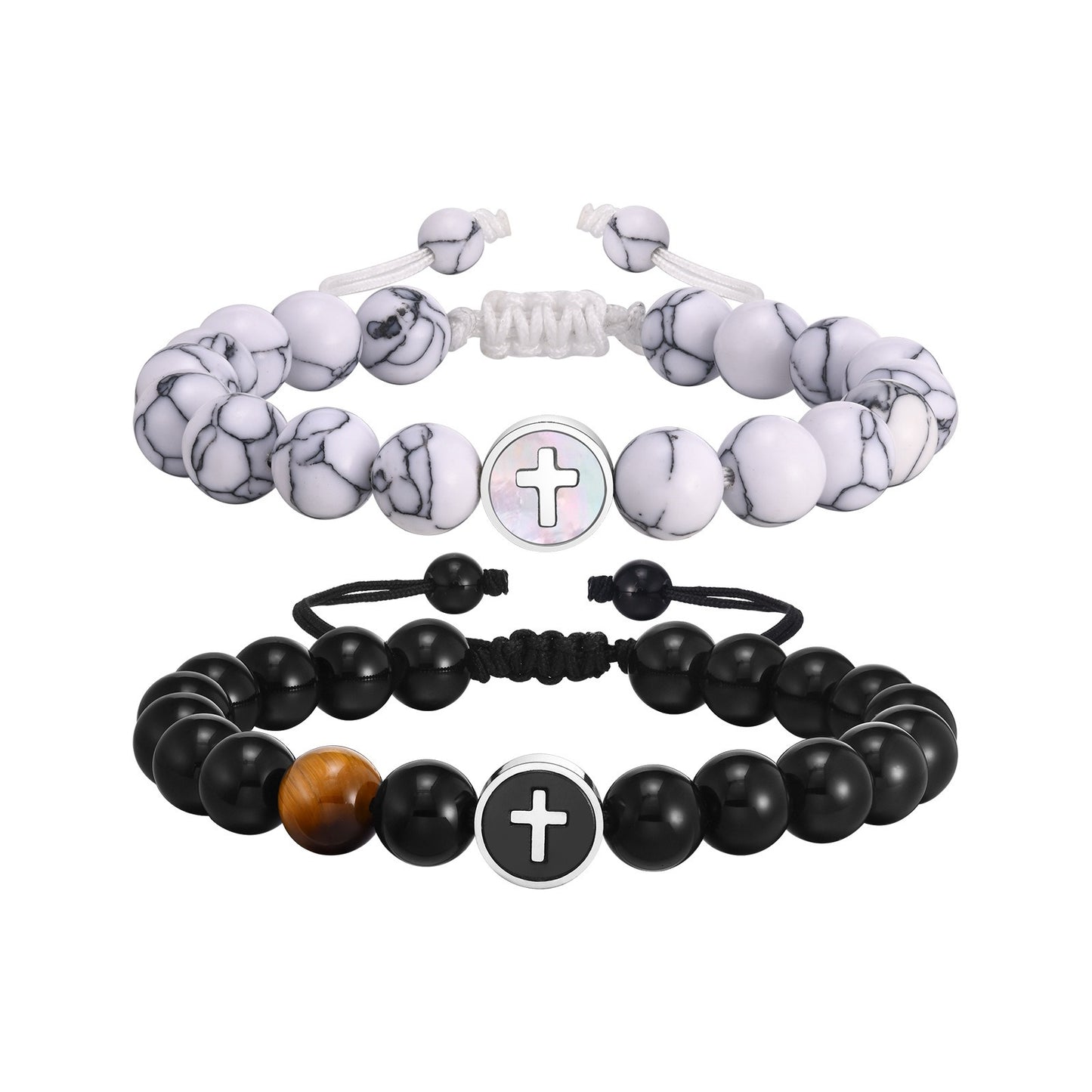 Kemstone Stainless Steel Cross Beaded Bracelet for Men – Adjustable Natural Stone CB-194
