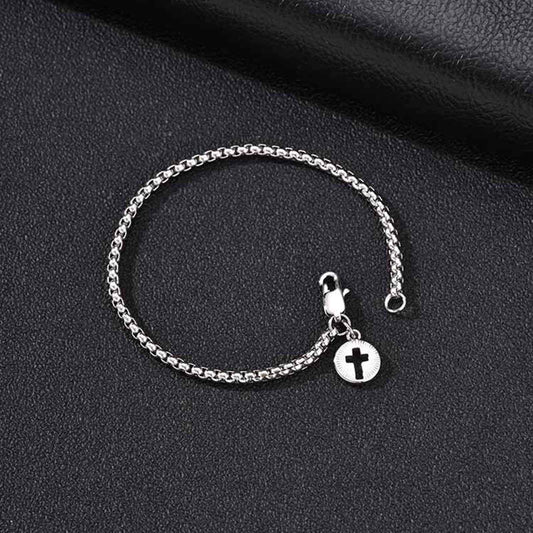 Kemston Stainless Steel Cross Charm Bracelet for Men Silver Round Tag BR-3102