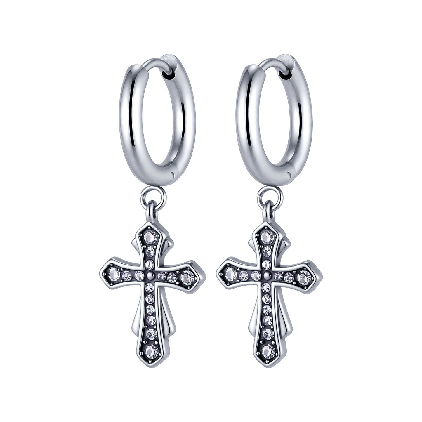 Kemstone Stainless Steel Cross Hoop Earring for Men Cubic Zirconia Inlay ED1089
