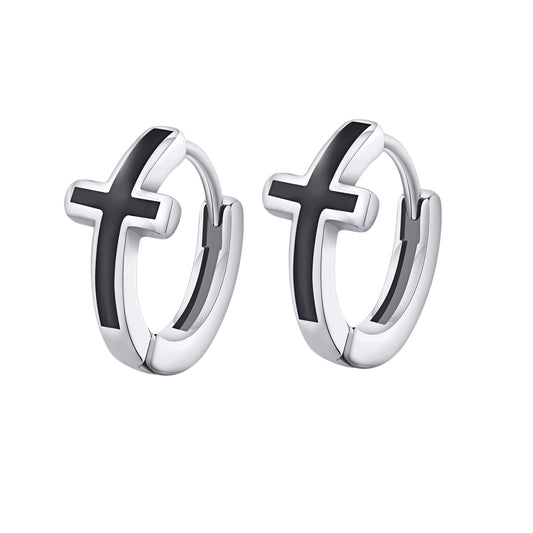 Kemstone Stainless Steel Cross Hoop Earrings for Men – Black Enamel Minimalist Jewelry EH-579