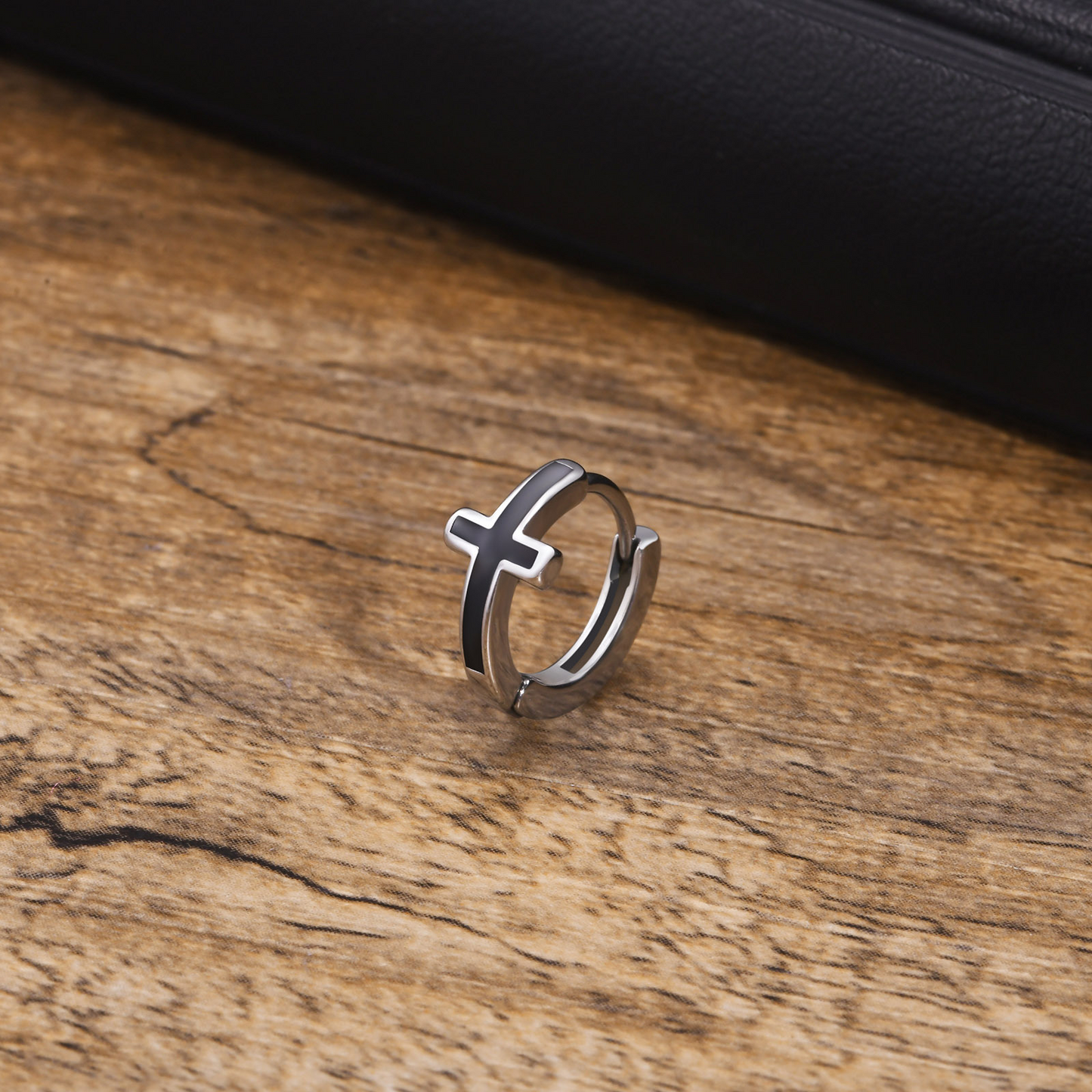 Kemstone Stainless Steel Cross Hoop Earrings for Men – Black Enamel Minimalist Jewelry EH-579
