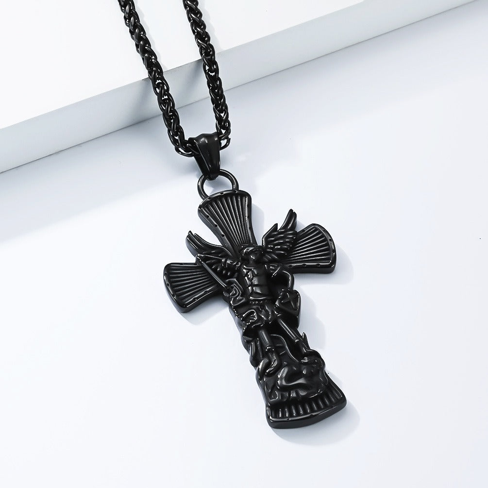 Kemstone Stainless Steel Cross Necklace for Men Angel Figure Detailed Pendant Chain Silver Gold Black K-PT706